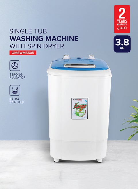 Semi Automatic Washing Machine with Spin Dryer, 3.8 KG, Equipped with Strong Pulsator and Extra Spinning Tub, Less Water and Noise, 250 W OMSWM5505 White/Blue