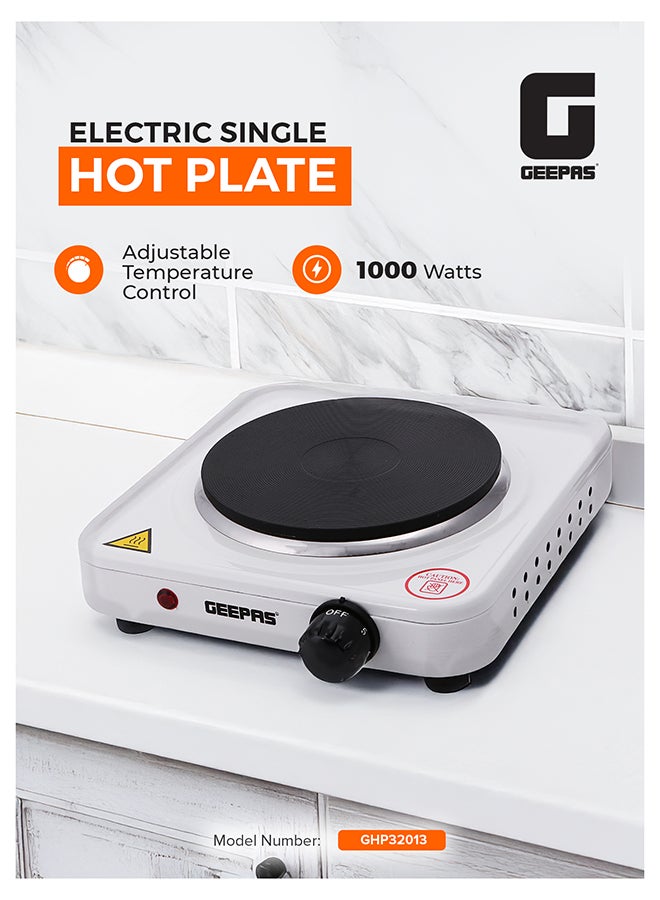 GEEPAS Electric Single Hot Plate for Flexible & Precise Table Top Cooking - Cast Iron Heating Plate - Portable Electric Hob with Temperature Control 1000 W GHP32013 White & black - Image 1