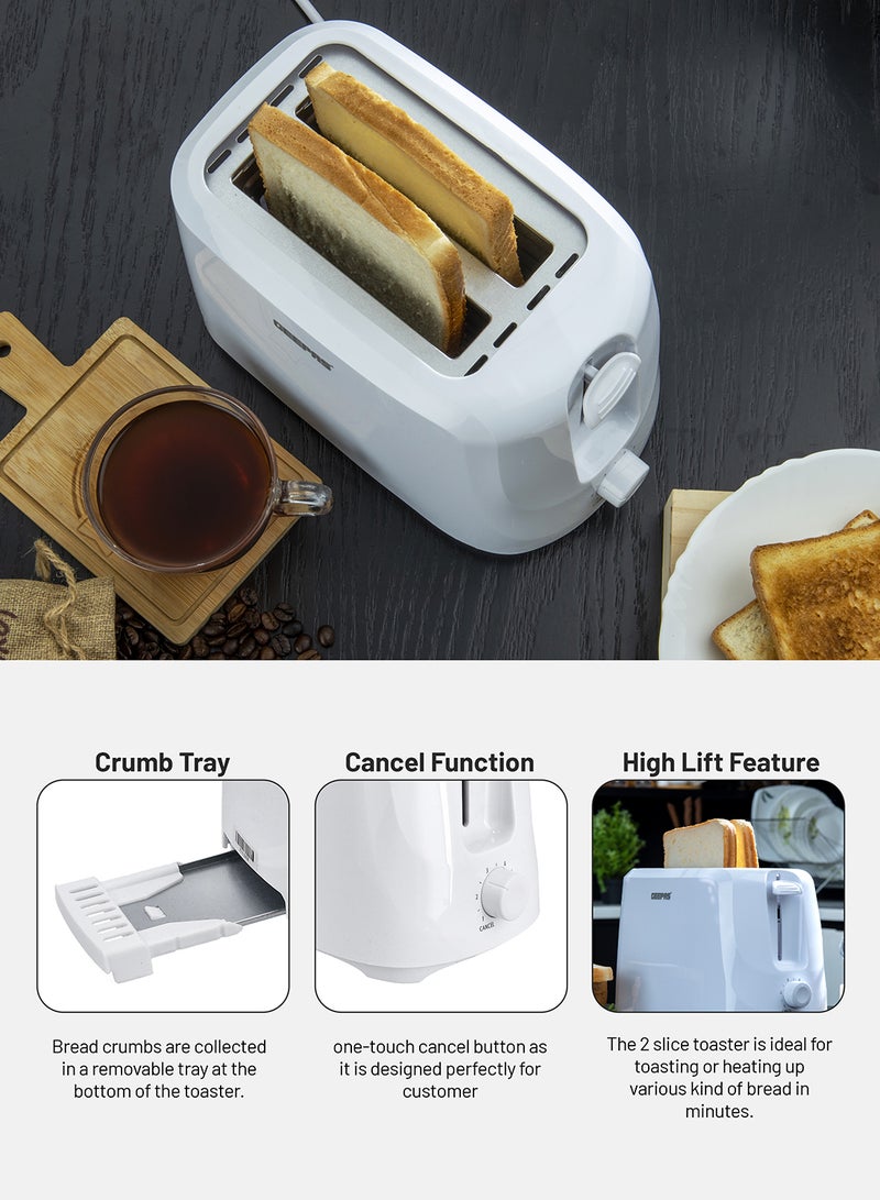 GEEPAS 2 Slice Bread Toaster - Removable Crumb Tray| One Touch Cancel Button | 6 Browning Setting Control 700 W GBT36515N White - Image 4