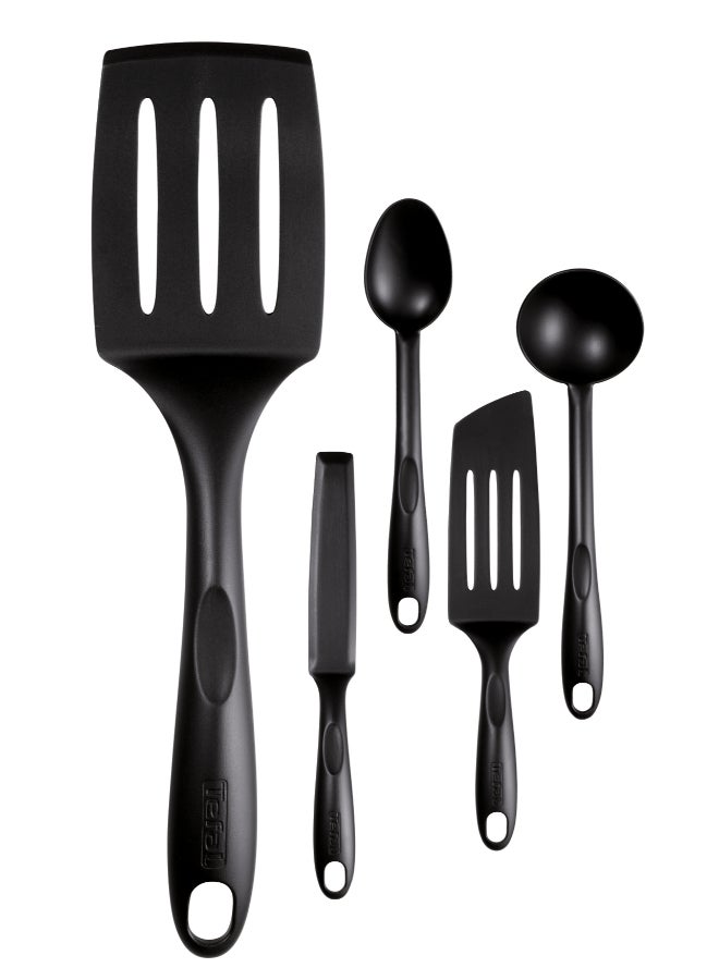 TEFAL Utensils | Bienvenue 5 pcs set | Spoon, Ladle, Angle Spatula, Pancake Spatula, Long Spatula | Heat Resistance | Non-scratching | Dishwasher-Safe |Made in France | 2 Years Warranty | K001A504 Black - Image 1