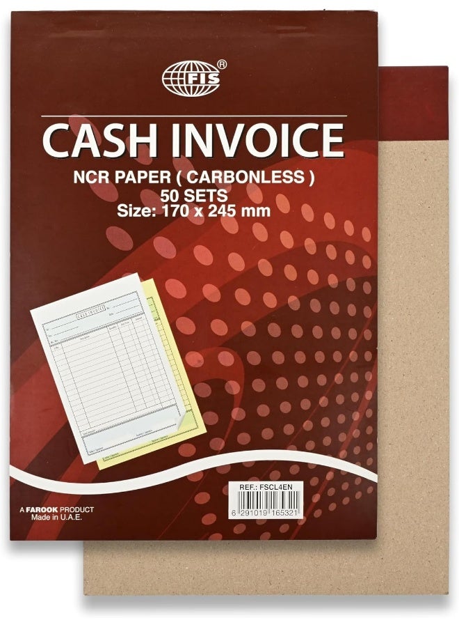 FIS Cash Invoice Book - 170x245mm, 50 Sets, Carbonless, English, Packet of 10 Pieces White and Yellow - Image 2