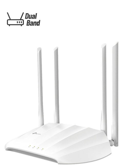جهاز نقطة وصول TL-WA1201 AC1200 لاسلكي بالجيجابت ومحول شبكة الواي فاي المكتبي يدعم تقنيتي MU-MIMO والتكوين الشعاعي كما يدعم نقاط الاتصال ومعرف مجموعة الخدمات المتعددة ووضع الاستقبال كلاينت ووضع RE ومزود بعدد 4 هوائيات خارجية ويعمل بتقنية نقل الطاقة عبر الإيثرنت أبيض