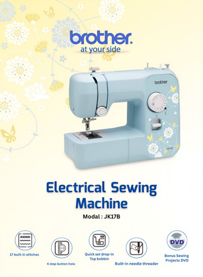 brother - Compact Electric Sewing Machine And Easy To Use Sewing And Mending Machine | Featuring 17 Built-In Stitchesand Free Arm Conversion | Quick-Set Drop-In Top Bobbin | 4-Step Buttonhole And A Built-In Needle Threader For Easy, Efficient  And Precise Sewing | Made In Vietnam, JK17B Light Blue - Image 1