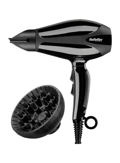 babyliss Compact Pro 2400 ​Hair Dryer AC | Italian Made For Quality & Long-lasting Performance | Ultra-slim Nozzle With Ionic Frizz Control Technology | Portable Dryer With Diffuser | 6715DSDE Black