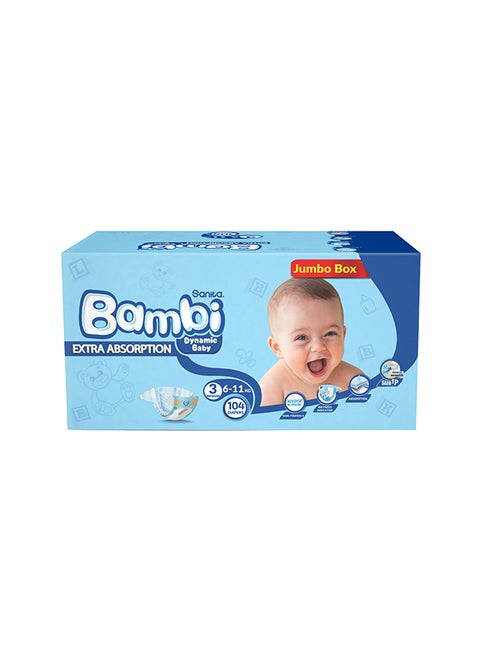 Extra Absorption Size 3 Diapers 6-11 Kg Jumbo Box 104 Count