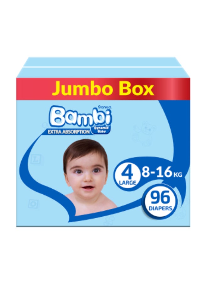 سانيتا بامبي حفاضات أطفال، مقاس 4، وزن 8 - 16 كجم، 96 حفاضاً - كبير، الصندوق الجامبو، حفاض مضغوط وامتصاص أكثر - Image 1