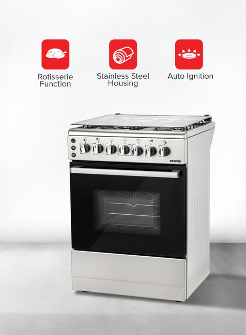 4 Gas Burners 60*60 Free Standing Full Gas Cooking Range With Glass Lid, 4 Gas Burners, High-quality Metal Knobs, Convection Single Oven With Rotisserie Function GCR6059 Silver