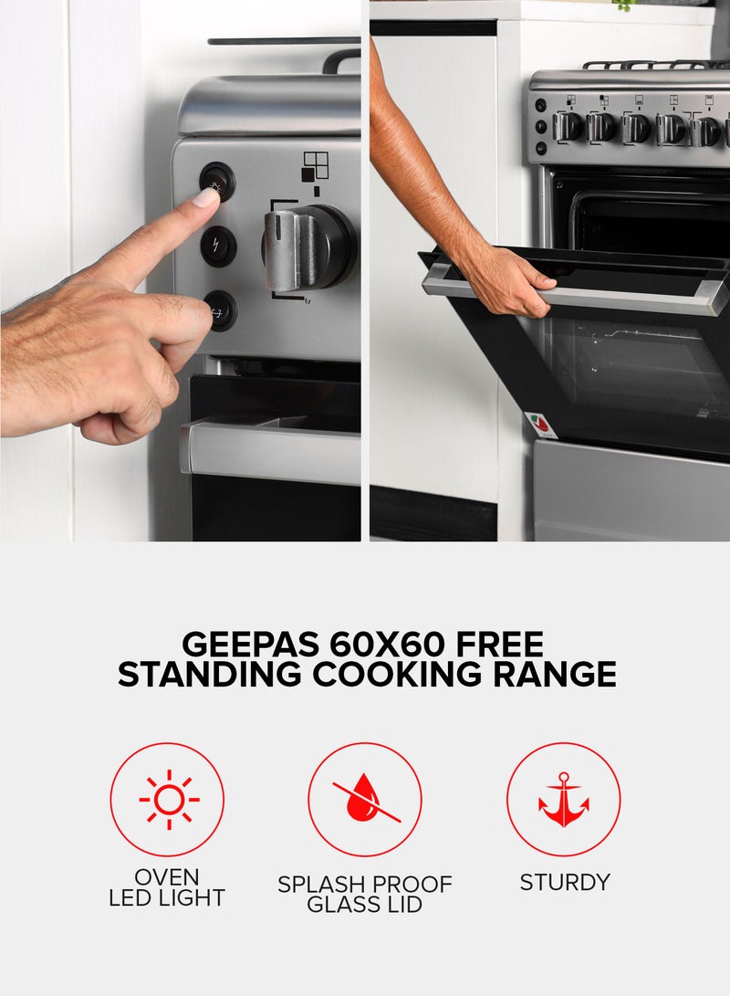 GEEPAS - 4 Gas Burners 60*60 Free Standing Full Gas Cooking Range With Glass Lid, 4 Gas Burners, High-quality Metal Knobs, Convection Single Oven With Rotisserie Function GCR6059 Silver - Image 1