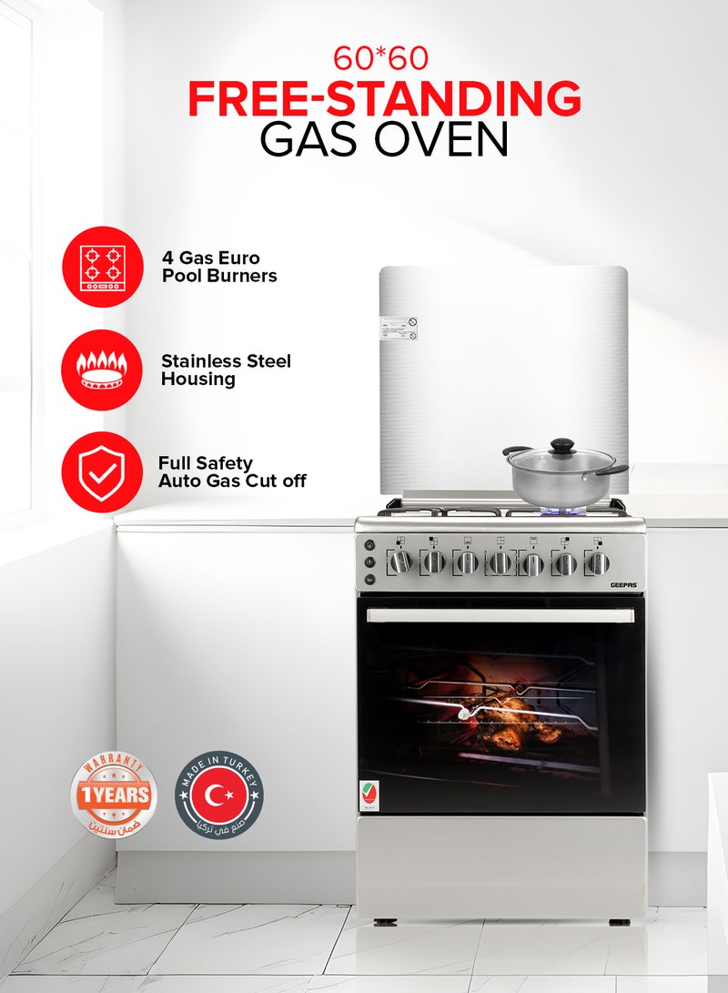 GEEPAS - 4 Gas Burners 60*60 Free Standing Full Gas Cooking Range With Glass Lid, 4 Gas Burners, High-quality Metal Knobs, Convection Single Oven With Rotisserie Function GCR6059 Silver - Image 1