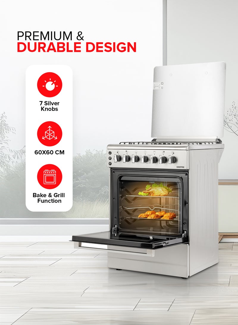 GEEPAS - 4 Gas Burners 60*60 Free Standing Full Gas Cooking Range With Glass Lid, 4 Gas Burners, High-quality Metal Knobs, Convection Single Oven With Rotisserie Function GCR6059 Silver - Image 1