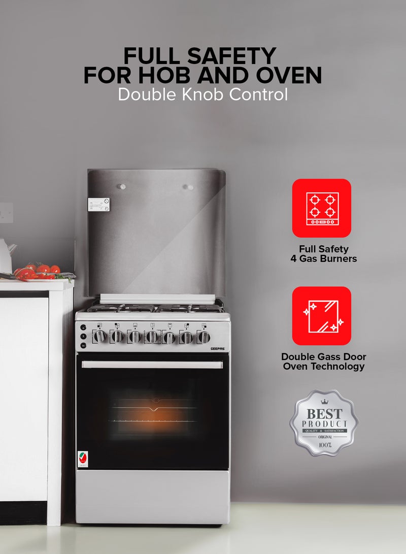 GEEPAS - 4 Gas Burners 60*60 Free Standing Full Gas Cooking Range With Glass Lid, 4 Gas Burners, High-quality Metal Knobs, Convection Single Oven With Rotisserie Function GCR6059 Silver - Image 1