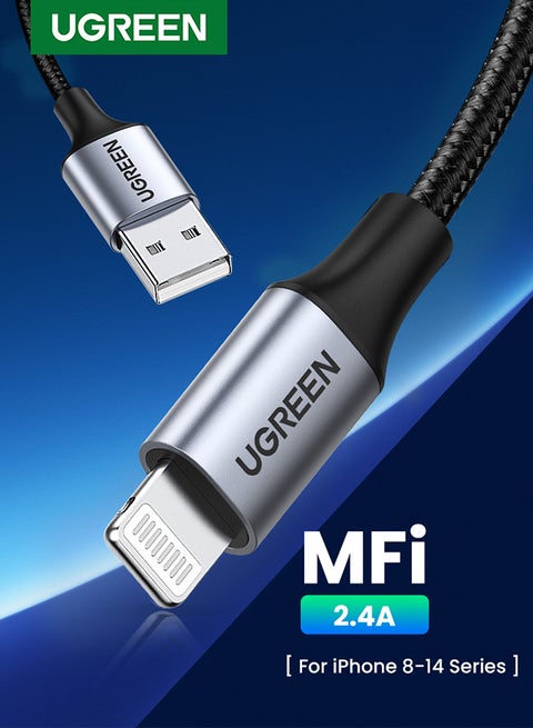 كابل شحن سريع ونقل بيانات لايتنينج من النايلون المضفر بطول 2 م [معتمد من قبل برنامج MFi من أبل] لهاتف آيفون الجديد 14/14 بلس/14 برو/14 برو ماكس/آيفون 13 و12 برو/ ماكس/آي باد 9  الجديد لون أسود