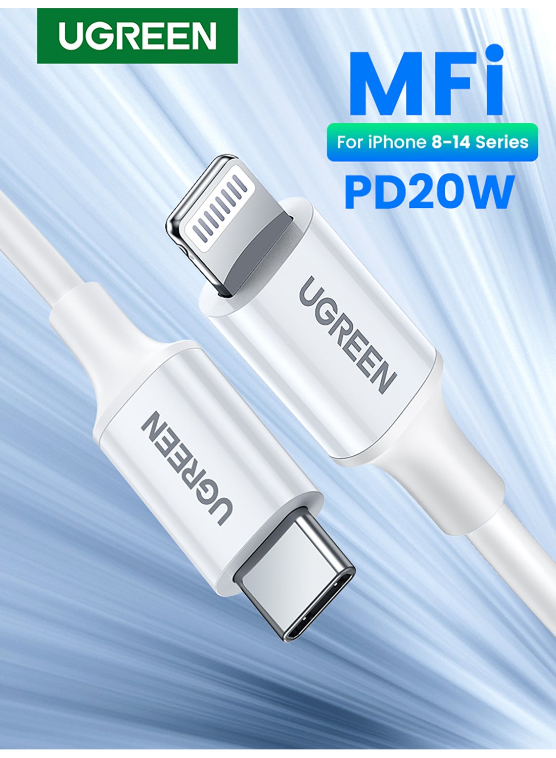 Ugreen Charger Cable  60W,  1M, USB C to Lightning Cable Fast Charging Power Delivery PD  iPhone Cable for iPhone 14/14 Pro/14 Plus/14 Pro Max, iPad Pro, iPhone 8-13 All Series - White 