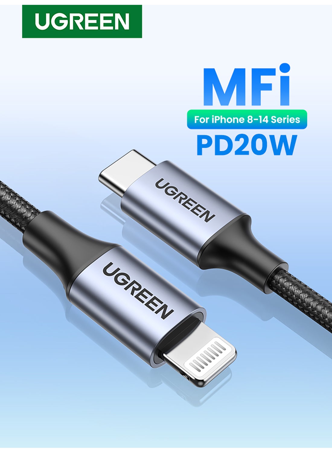 يو جرين كابل شحن سريع للآيفون بطول 1 متر بمنفذ USB-C إلى لايتنينج مزود بسلك مضفر بقدرة 18 وات بتقنية PD لهاتف آيفون 14 و14 بلس و14 برو و14 برو ماكس وآيفون 13 و12 و11 وXS وبرو ماكس وبرو وميني وSE وجهاز آي باد 9 أسود 