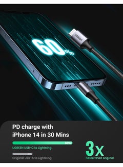 يو جرين كابل شحن سريع للآيفون بطول 1 متر بمنفذ USB-C إلى لايتنينج مزود بسلك مضفر بقدرة 18 وات بتقنية PD لهاتف آيفون 14 و14 بلس و14 برو و14 برو ماكس وآيفون 13 و12 و11 وXS وبرو ماكس وبرو وميني وSE وجهاز آي باد 9 أسود  - Image 2