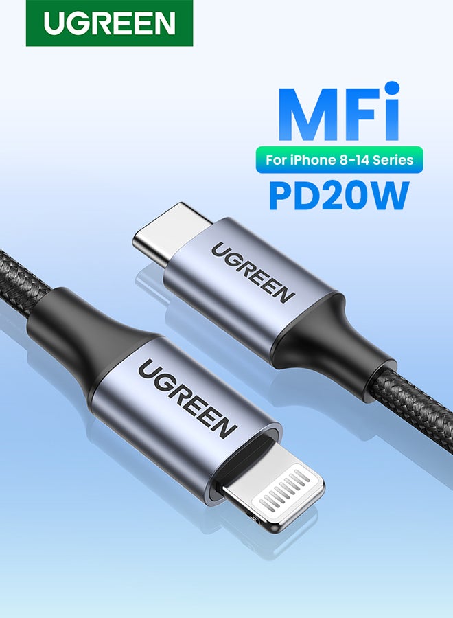 يو جرين كابل شحن آيفون سريع بتقنية PD بقدرة 18 وات معتمد من MFI من منفذ USB- C إلى لايتنينج مزود بسلكٍ مضفر وبطول 2 متر لجهاز آي باد 9 الجديد وهاتف آيفون11 و12 و13 وXS  وبرو ماكس وبرو وميني وSE و14 و14 بلس و14 برو و14 برو ماكس أسود 