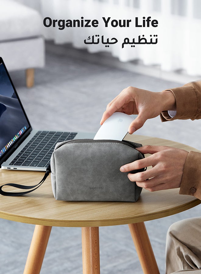 Ugreen Hard Drive Bag Digital Storage Leather Case Electronic Accessories Gadget Organizer with Grid Layered Travel Gear Carrying Sleeve Pouch for USB Cable Earphones Grey  - Image 4