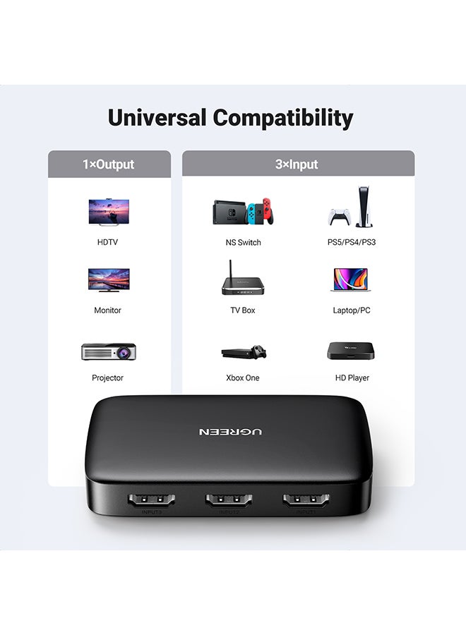 محول تبديل 3 في 1 بمخرج HDMI، يدعم الموزع التبديل السهل بدقة 4K والنطاق الديناميكي العالي والدقة ثلاثية الأبعاد والمحتوى الرقمي ذا النطاق الترددي العالي (HDCP) ومتوافق مع تي في بوكس وجهاز الألعاب بلايستيشن 4 وإكس بوكس وأجهزة اللابتوب وأجهزة الكمبيوتر وأجهزة التلفزيون عالية الوضوح والبروجيكتور وشاشات العرض وما إلى ذلك أسود - pnsku/N41896476A/45/_/1712550790/a177ab44-4bea-4bb2-a8d7-1a13c752b095