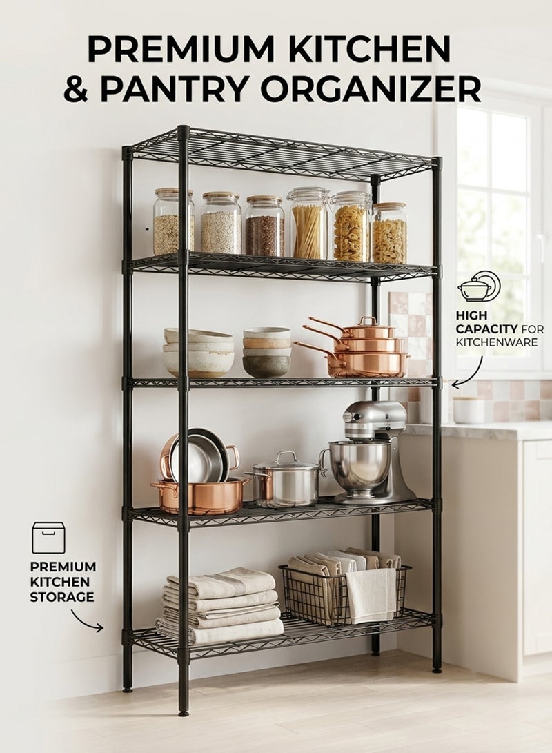 5-Tier Heavy Duty Carbon Steel Shelving Unit, Multi-Purpose Metal Storage Rack, Adjustable Industrial Organizer for Home, Garage & Kitchen, Black, 55 x 30.5 x 150cm Black 55x30.5x150cm - Image 5