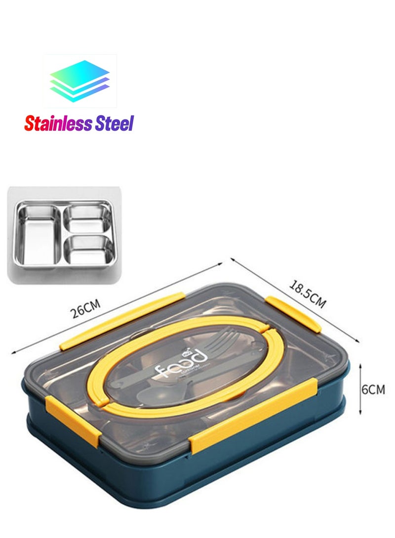 Portable Compartment Lunch Box Adults Stainless Steel Office Staff Separated Bento Box with Cutlery Blue yellow 28*28*28cm - Image 1