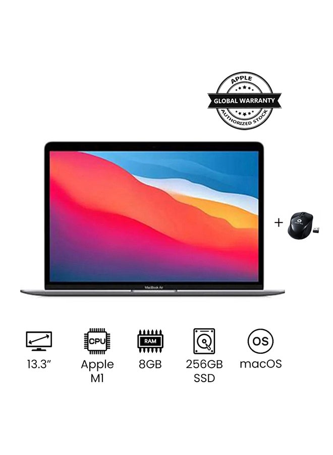 ابل  ماك بوك MGN63 مع شاشة 13 بوصة ، شريحة M1 مع معالج ثماني النواة ورسومات 7 نواة / ذاكرة رام 8 جيجابايت / سعة تخزين 256 جيجابايت اس اس دي مع لوحة مفاتيح انجليزى/عربى باللون الفضى الداكن الإنجليزية/العربية - Image 1