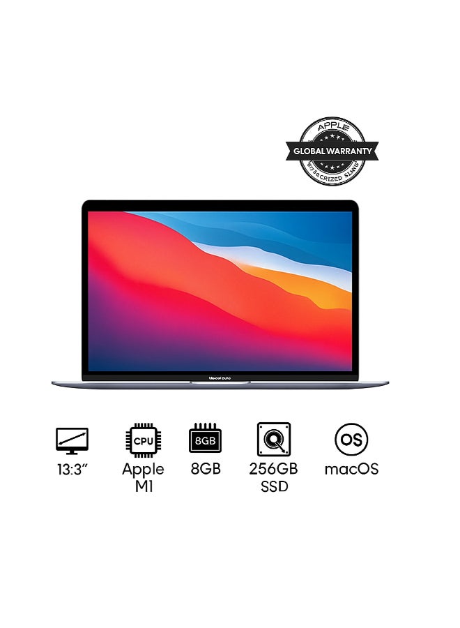 ابل  ماك بوك MGN63 مع شاشة 13 بوصة ، شريحة M1 مع معالج ثماني النواة ورسومات 7 نواة / ذاكرة رام 8 جيجابايت / سعة تخزين 256 جيجابايت اس اس دي مع لوحة مفاتيح انجليزى/عربى باللون الفضى الداكن الإنجليزية/العربية - Image 1