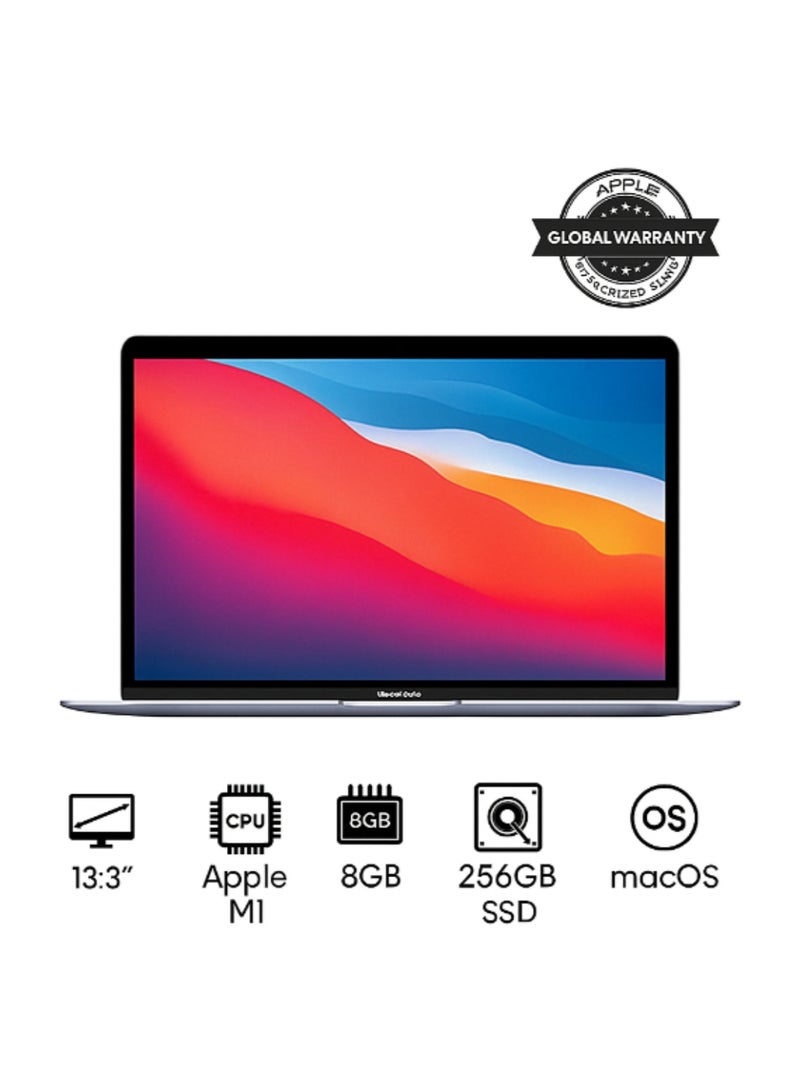 ابل  ماك بوك MGN63 مع شاشة 13 بوصة ، شريحة M1 مع معالج ثماني النواة ورسومات 7 نواة / ذاكرة رام 8 جيجابايت / سعة تخزين 256 جيجابايت اس اس دي مع لوحة مفاتيح انجليزى/عربى باللون الفضى الداكن الإنجليزية/العربية - Image 1