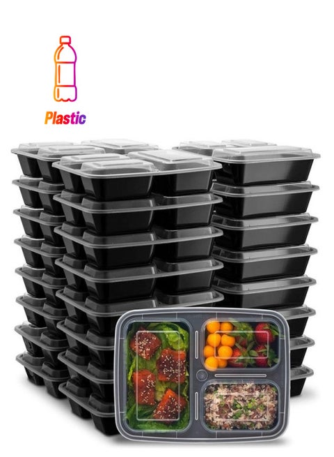 Pack of 10  3 Compartment Meal Prep Containers with Lids Black