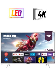 نيكاي تلفزيون LED ذكي مقاس 70 بوصة، تصميم بدون إطار، شبكة Wi-Fi مدمجة، تطبيقات ذكية Shahid، YouTube، Netflix، Amazon، اتصال HDMI وUSB، رباعي النواة، ذاكرة وصول عشوائي 1 جيجابايت، ذاكرة 8 جيجابايت، إيقاف تشغيل تلقائي UHD70SLED فضي/أسود UHD70SLED أسود/ فضي  - Image 1