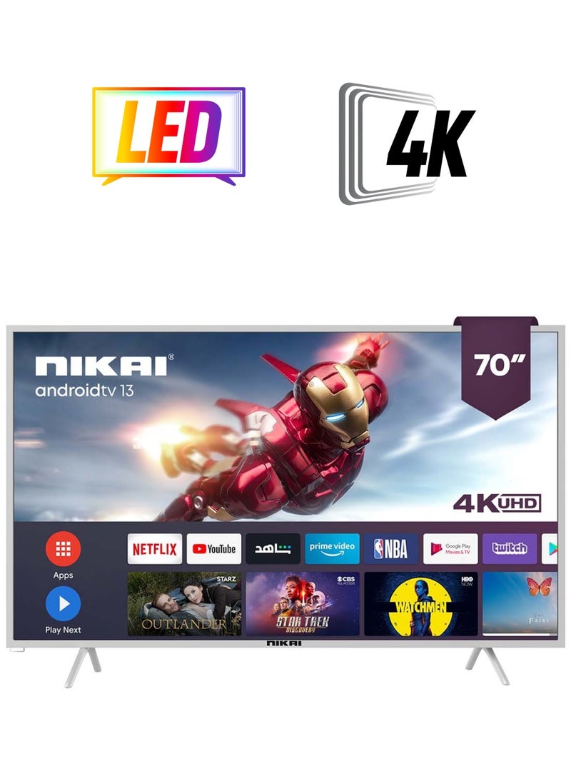 NIKAI 70 Inch Smart LED TV, Frameless Design, Built-In Wi-Fi, Smart Apps Shahid, YouTube, Netflix, Amazon, HDMI And USB Connectivity, Quad-Core, 1.5 GB RAM, 8 GB Memory, Auto Power Off Android 13.0 UHD70SLED Silver/Black  - Image 1