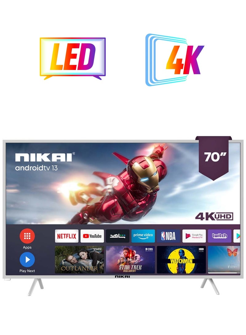 NIKAI 70 Inch Smart LED TV, Frameless Design, Built-In Wi-Fi, Smart Apps Shahid, YouTube, Netflix, Amazon, HDMI And USB Connectivity, Quad-Core, 1.5 GB RAM, 8 GB Memory, Auto Power Off Android 13.0 UHD70SLED Silver/Black  - Image 1