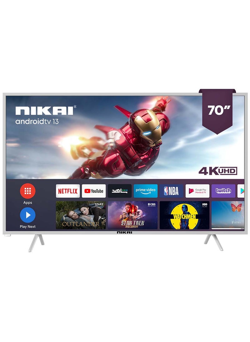 NIKAI 70 Inch Smart LED TV, 60Hz, Frameless Design, Built-In Wi-Fi, Smart Apps Shahid, YouTube, Netflix, Amazon, HDMI And USB Connectivity, Quad-Core, 1.5 GB RAM, 8 GB Memory, Auto Power Off Android 13.0, 2 Year Warranty, UHD70SLED Silver/Black - Image 1