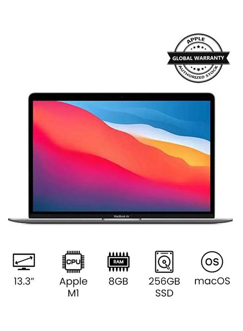 شاشة Macbook Air MGN63 مقاس 13 بوصة، وشريحة Apple M1 مع معالج 8 النواة ورسومات 7 النواة / ذاكرة وصول عشوائي (RAM) سعة 8 جيجابايت / محرك أقراص SSD سعة 256 جيجابايت / لوحة مفاتيح باللغة الإنجليزية