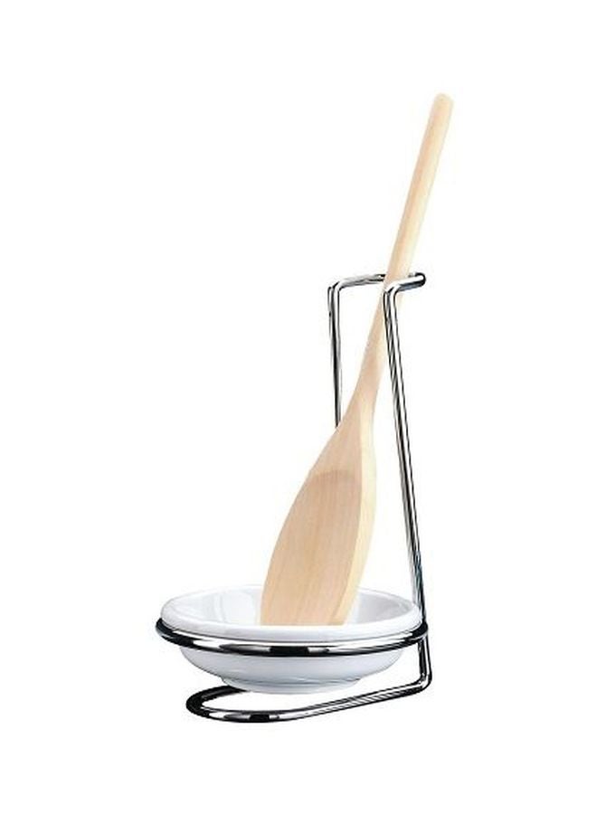 كوشنبروفي طقم مع حامل ملاعق الطهي مكون من 3 قطع فضي/ بيج/ أبيض Cooking Spoon (25.4), Chrome Stand (18.41), Ceramic Bowl (10.16)سم