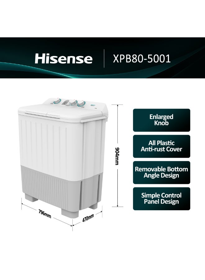 Hisense 7 Kg Twin Tub Washing Machine White Model Xpb805001-1 Years Full Warranty 220 W XPB80-5001 White/Grey - Image 3