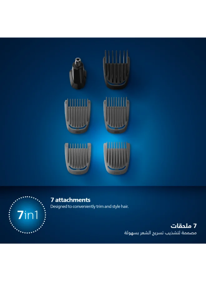فيليبس ماكينة التشذيب متعددة الاستخدامات MG3720/33 من Philips سلسلة 3000 | أداة 7 في 1 لتشذيب الوجه والشعر | شفرات لا تحتاج إلى صيانة، أداة تشذيب للأنف والأذن | 60 دقيقة من الاستخدام اللاسلكي، مع أداة تشذيب للأنف والأذن، وأمشاط للشعر واللحية أسود