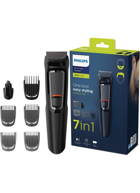 Multigroom 3000 MG3720/33,7-in-1 All-in-One Trimmer for Face & Hair,Maintenance-Free Blades, Nose & Ear Trimmer,60min Cordless Use, Includes Nose & Ear Trimmer, Hair & Beard Combs Black