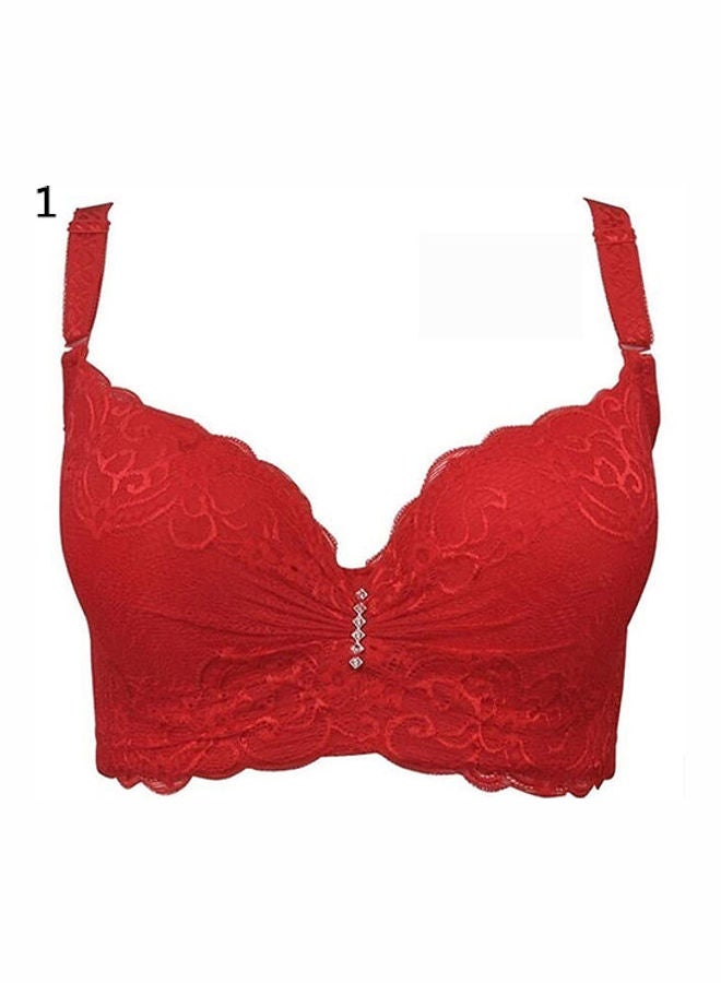 Women Adjustable Push Up Side Gathering Furu Lace Bra Shaping Underwear Red - Image 3