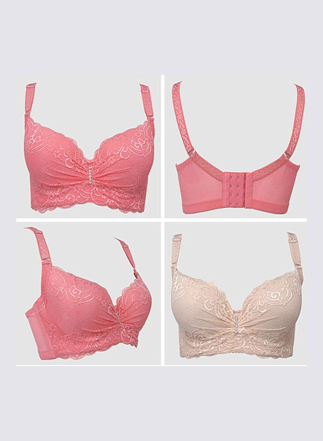 Women Adjustable Push Up Side Gathering Furu Lace Bra Shaping Underwear Red - Image 2