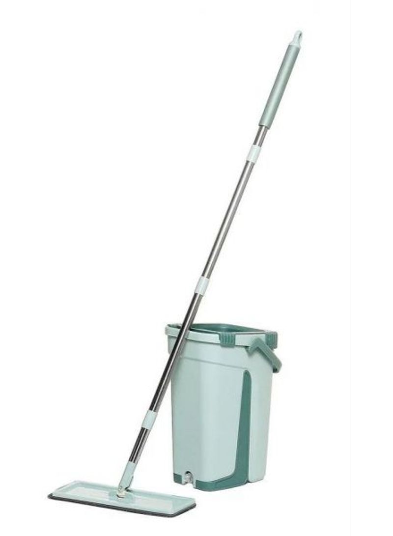 طقم ممسحة مسطحة من المايكروفايبر مع دلو أخضر