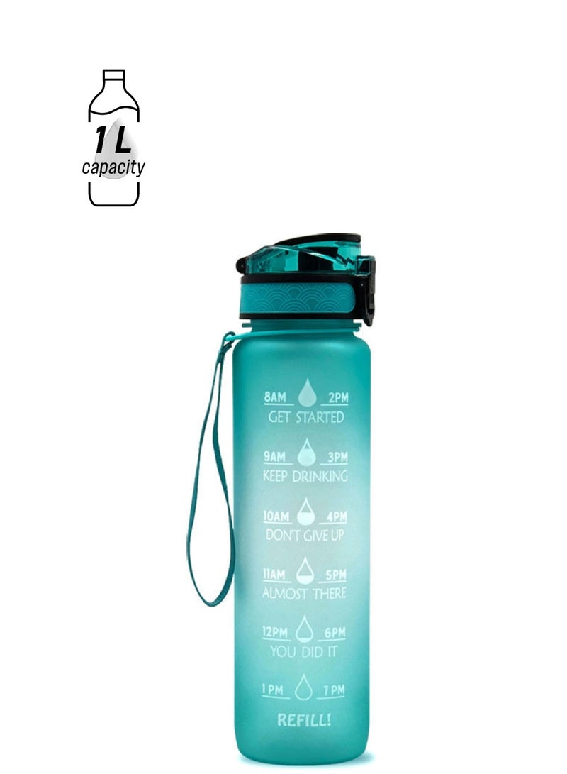 Sports Water Bottle with Time Marker BPA Free & Leak proof Portable Reusable Drinking Kettle  Fitness Sport 1L Water Jug for Men   Women Kids Student to Camping Office School Gym Workout Cyan 29.5*5*7.5cm - Image 1