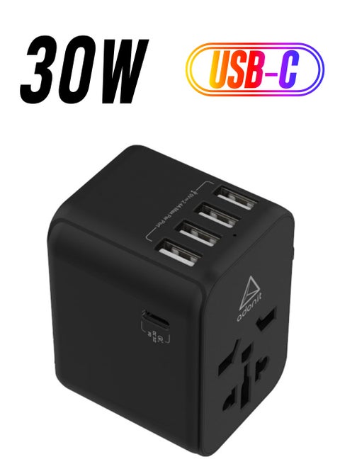 Universal Travel Adapter 4A1C - International Wall Charger PD 30 W (4 USB-A + 1 USB-C) Black
