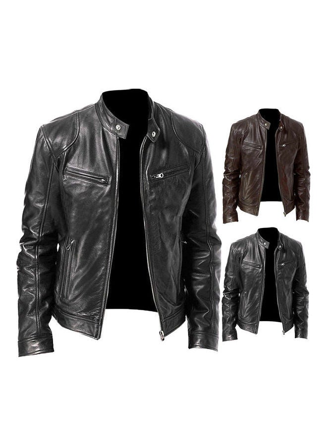 Autumn Winter Men Stand Collar Zipper Faux Leather Motorcycle Jacket Brown - Image 3