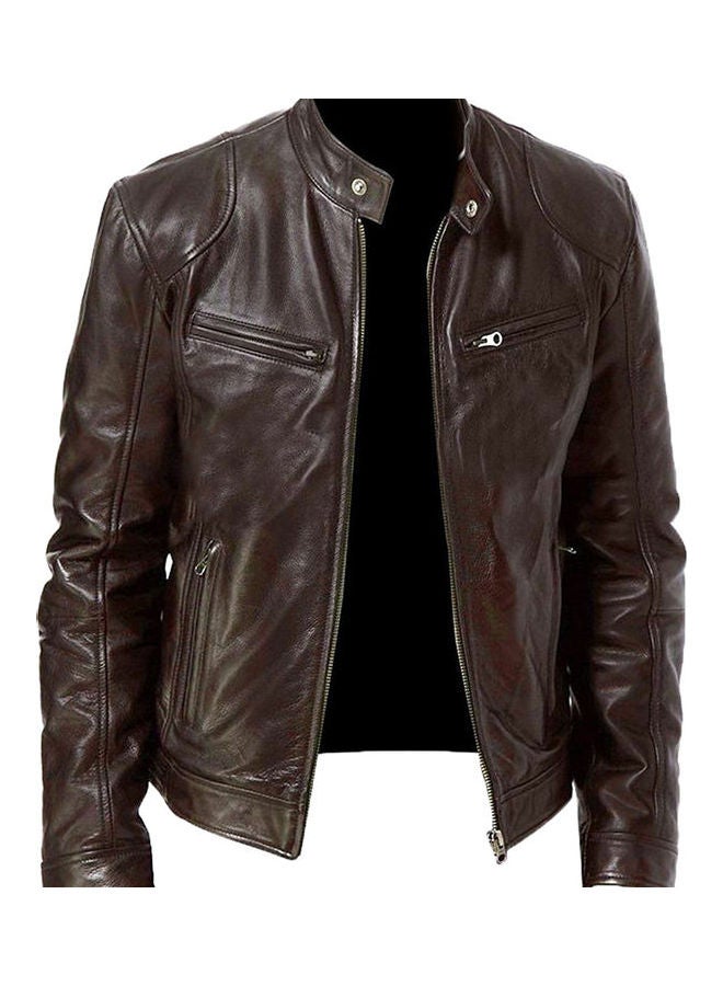 Autumn Winter Men Stand Collar Zipper Faux Leather Motorcycle Jacket Brown - Image 1
