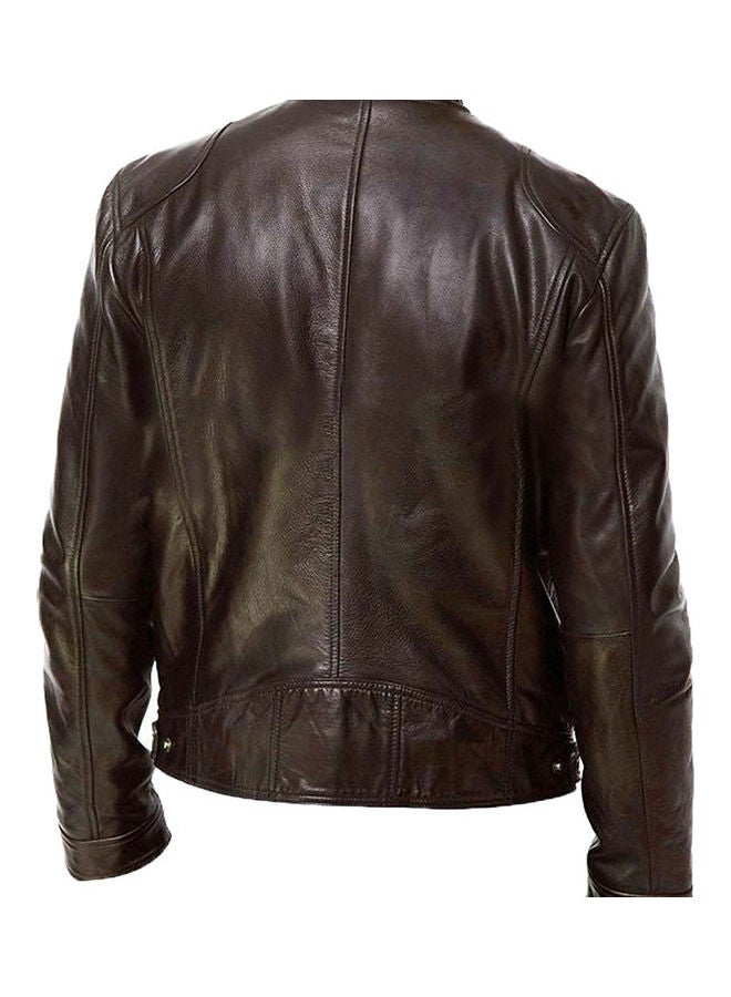 Autumn Winter Men Stand Collar Zipper Faux Leather Motorcycle Jacket Brown - Image 5