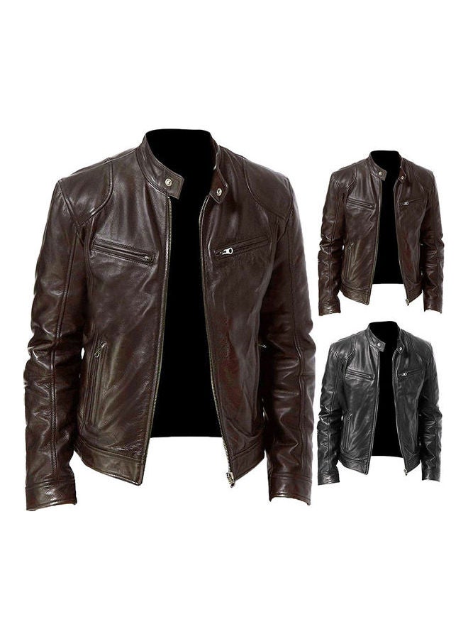 Autumn Winter Men Stand Collar Zipper Faux Leather Motorcycle Jacket Brown - Image 2