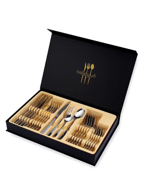 24-Piece Stainless Steel Cutlery Set Kitchen Utensils Set Surface Texture-Free Western Tableware Suitable For Home Kitchen Restaurant Hotel Party Dining Picnic Dining Exquisite Packaging Gift Silver