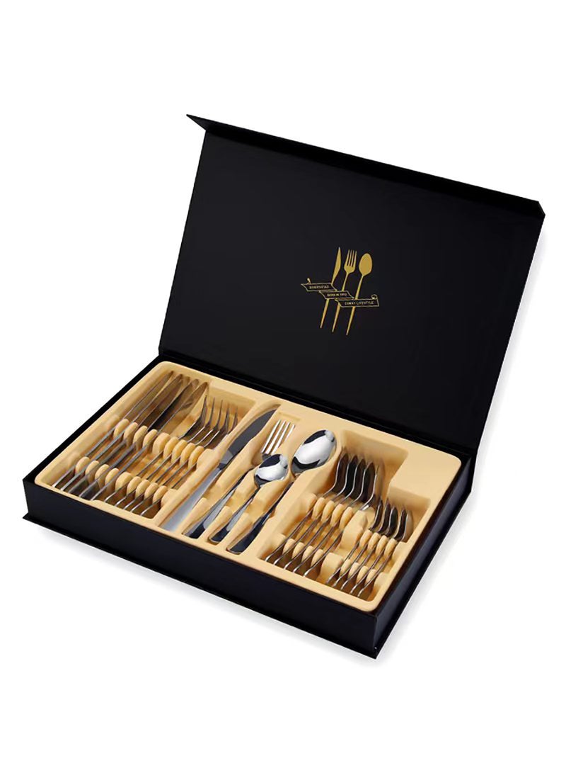 24-Piece Stainless Steel Cutlery Set Kitchen Utensils Set Surface Texture-Free Western Tableware Suitable For Home Kitchen Restaurant Hotel Party Dining Picnic Dining Exquisite Packaging Gift Silver