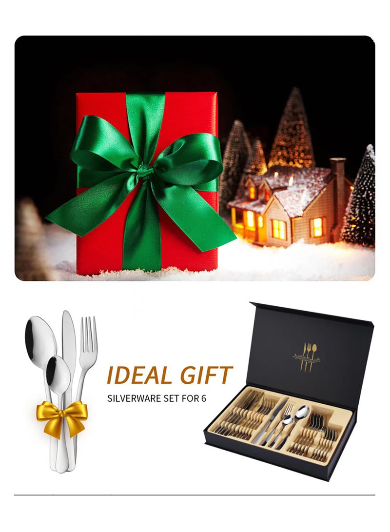24-Piece Stainless Steel Cutlery Set Kitchen Utensils Set Surface Texture-Free Western Tableware Suitable For Home Kitchen Restaurant Hotel Party Dining Picnic Dining Exquisite Packaging Gift Silver