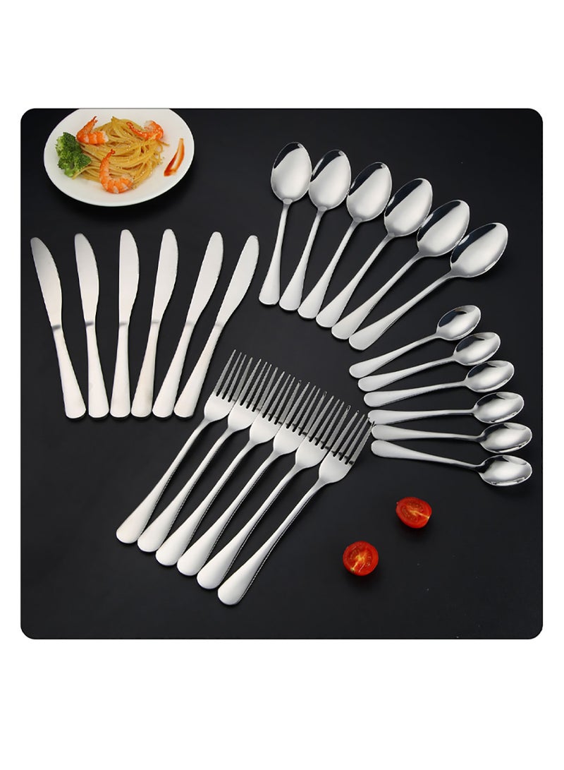 24-Piece Stainless Steel Cutlery Set Kitchen Utensils Set Surface Texture-Free Western Tableware Suitable For Home Kitchen Restaurant Hotel Party Dining Picnic Dining Exquisite Packaging Gift Silver